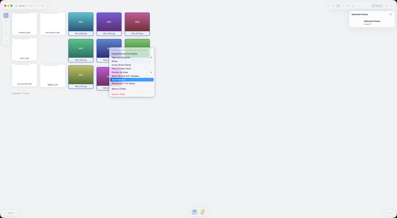 A batch of IMG_xxxx cards with the Smart Rename menu
