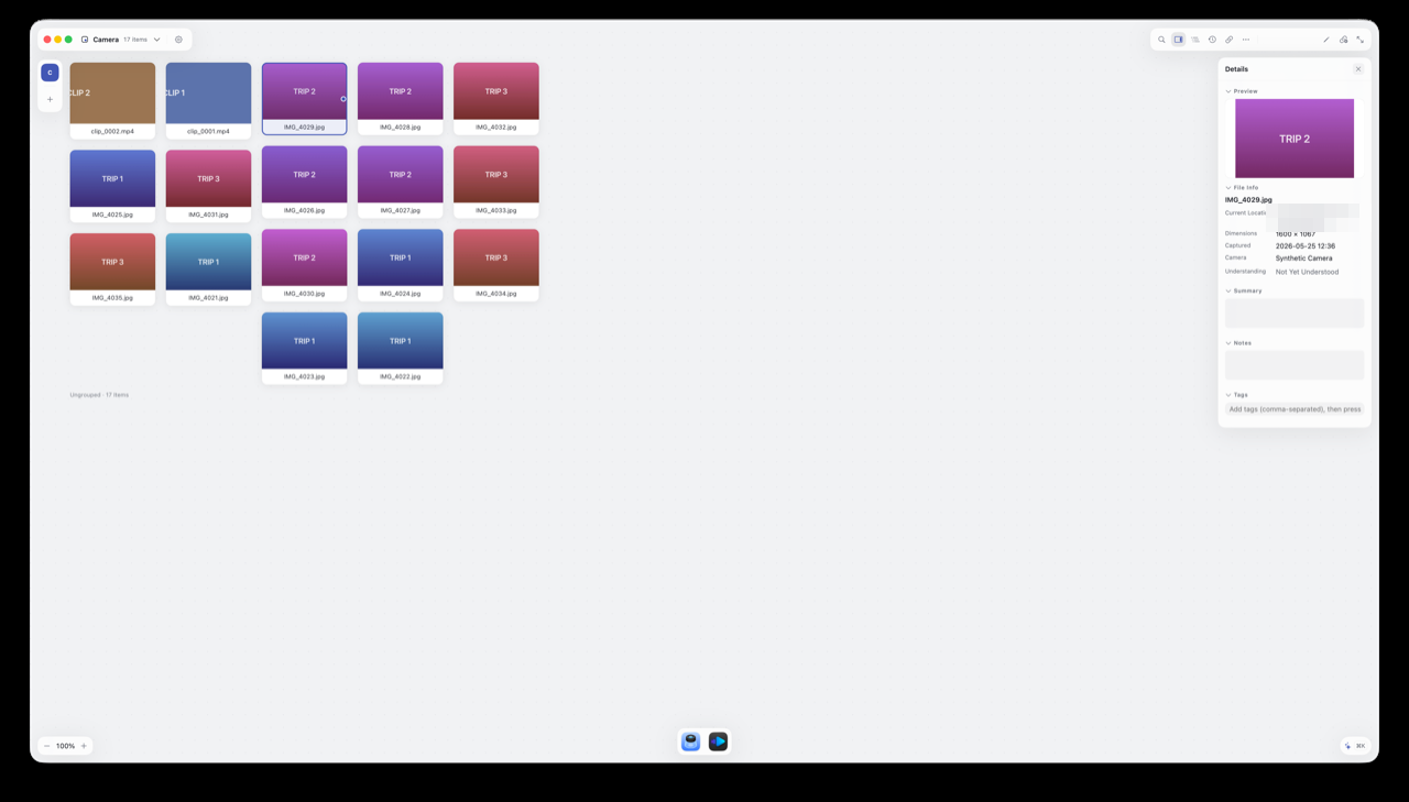 Media cards on the canvas with EXIF in the inspector