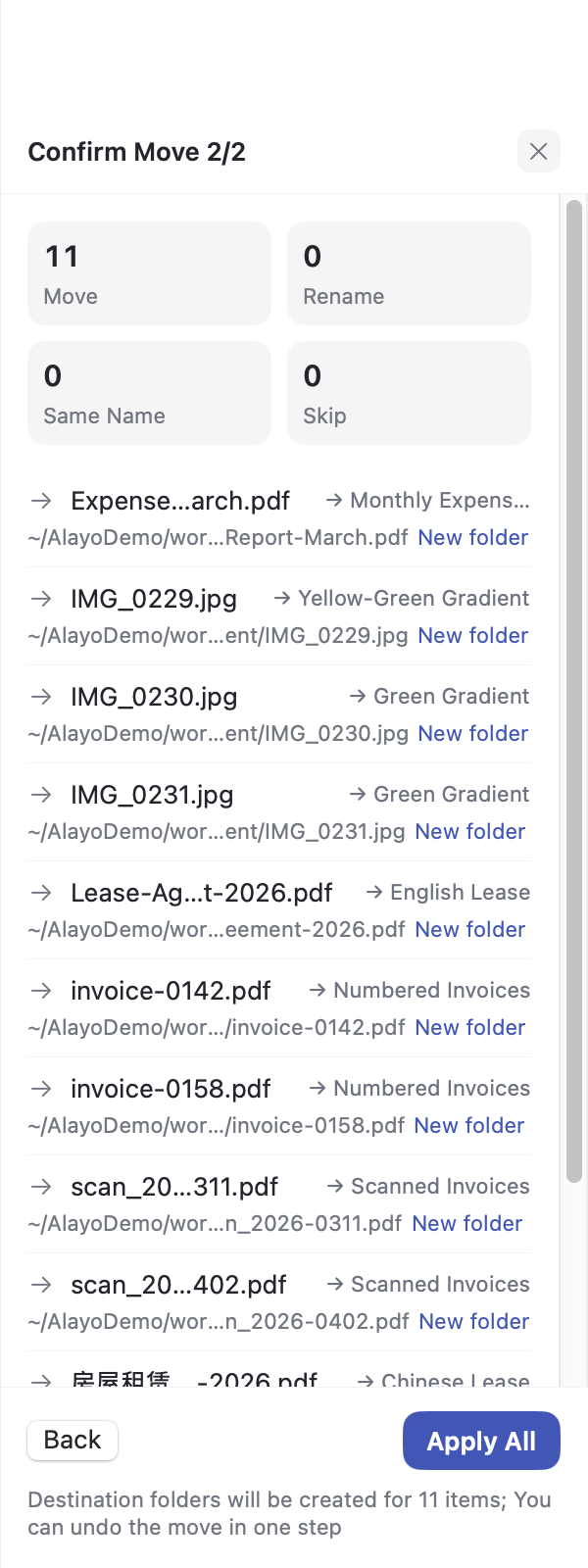 The confirmation gate: every pending change listed as which file, from where, to where