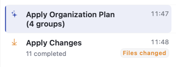 History close-up: the applied move record with its Files changed badge