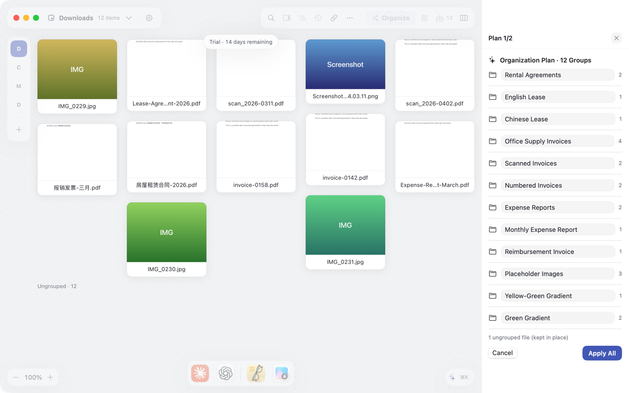 The AI organization proposal in the review panel beside the canvas
