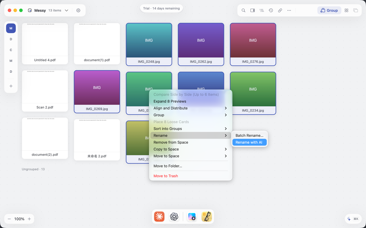 A batch of IMG_xxxx cards with the Rename with AI menu